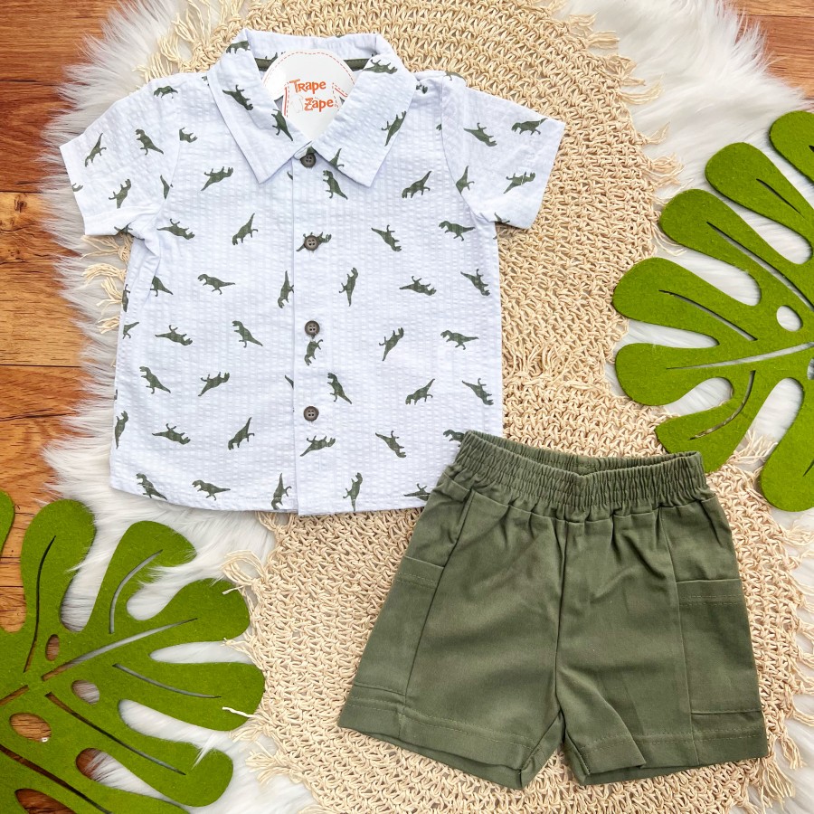 Conj. Camisa Rex's e Bermuda - Branco e Verde Musgo